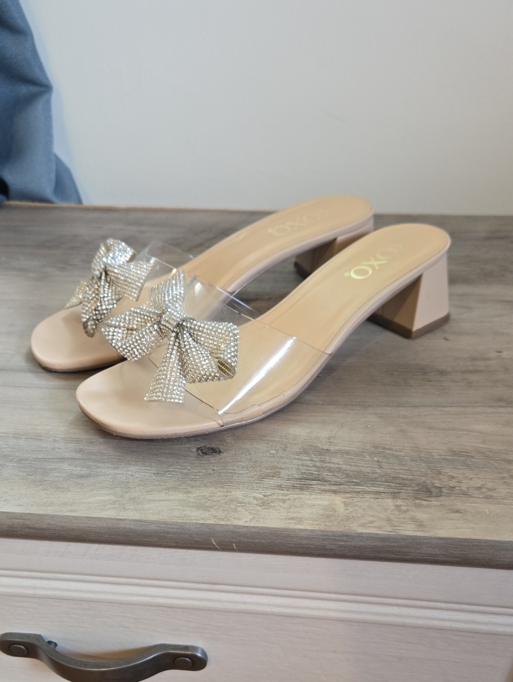 Oxo Nude Clear Slide Mules with Crystal Bow